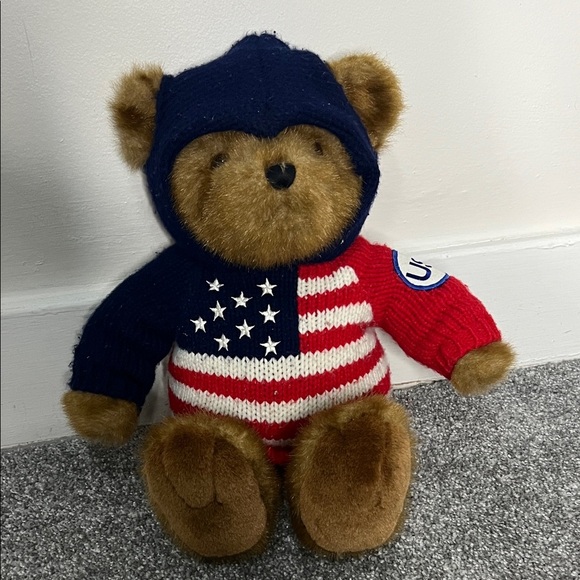 Celebrate Patriotic Other - Vintage 1990s Celebrate USA Teddy Bear Plush Red White Blue Knit Sweater Hoodie